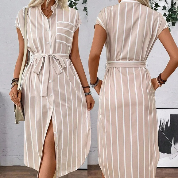 Apricot Casual Women's French-Style Striped Color-Block Shirt Dress - Picture 8 of 8